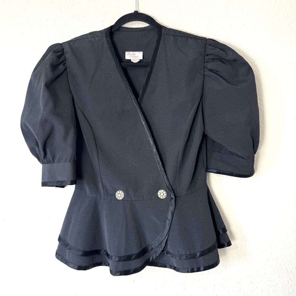 Vintage Lady Carol Black Puff Sleeve Peplum Rhinestone Blazer Blouse Size 8